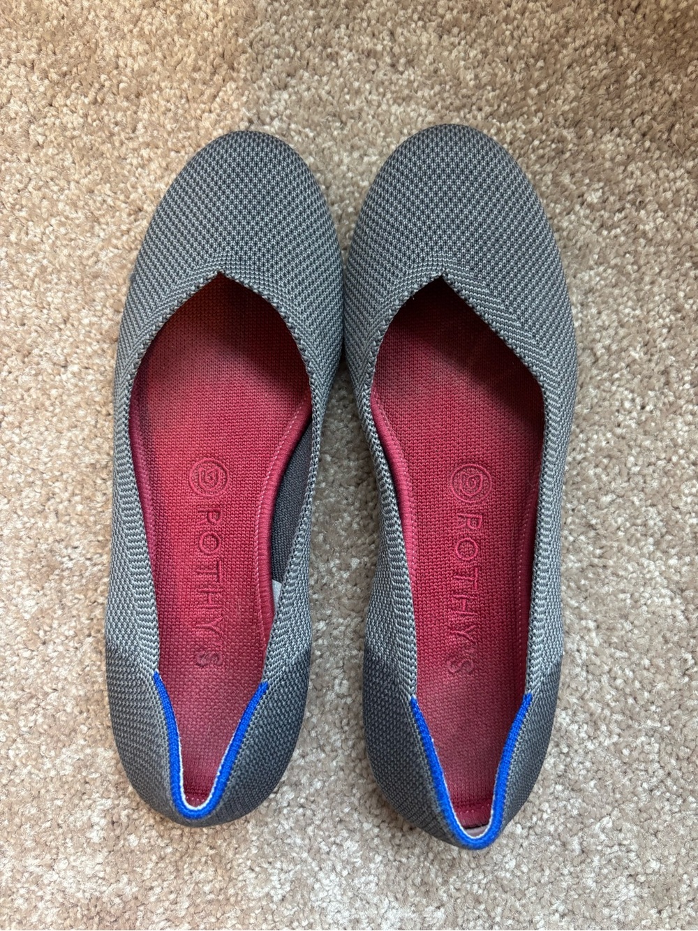 Rothy's Gray Knit Ballet Flats with Red Insole and Blue Trim